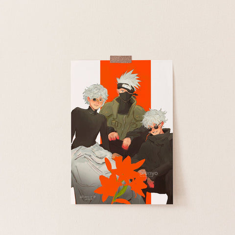 Big 3 White Haired Teachers - Gojo, Kakashi, Qifrey Postcard Print